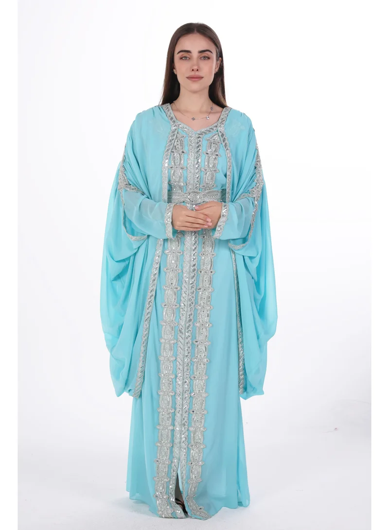 AL BENT AL SHARQIEH Turquoise emboidered chiffon kaftan dress for Women | Best Price UAE